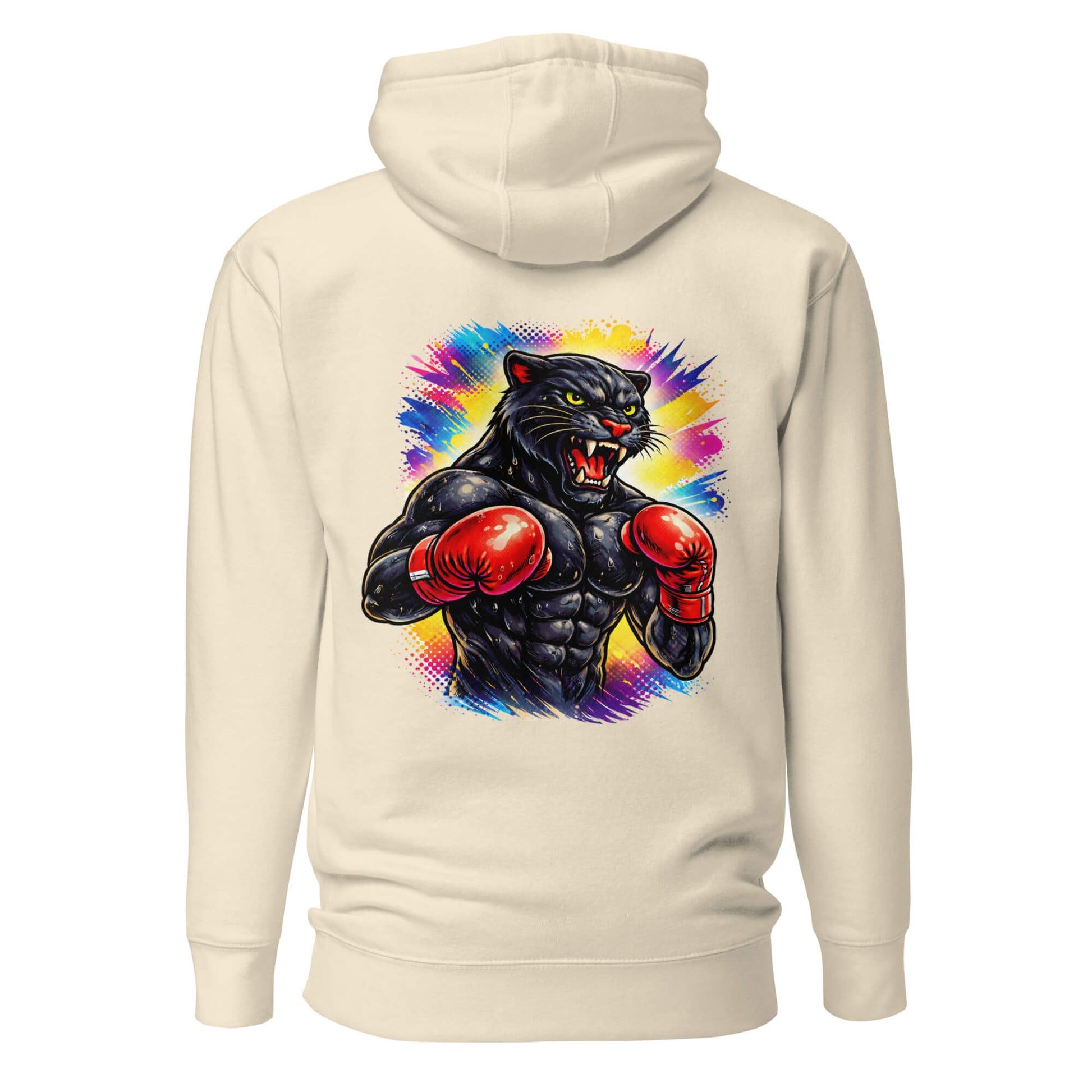 Hoodie BLACK PANTHER beige visuel coloré dos et logo noir face Mindset Ambition