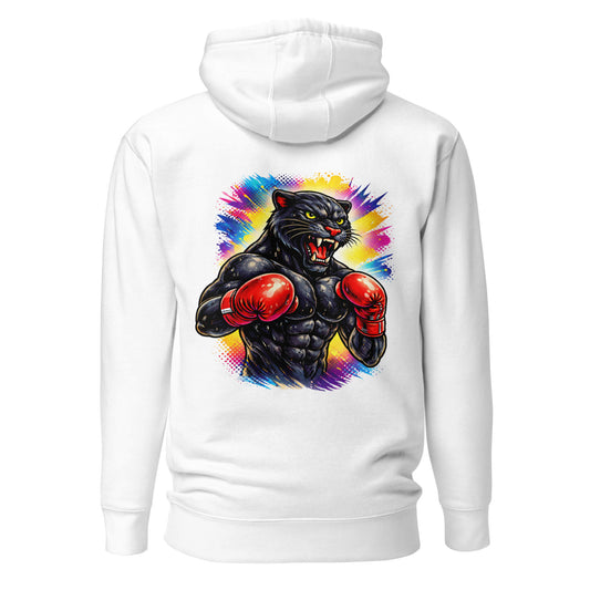 Hoodie BLACK PANTHER blanc visuel coloré dos et logo noir face Mindset Ambition