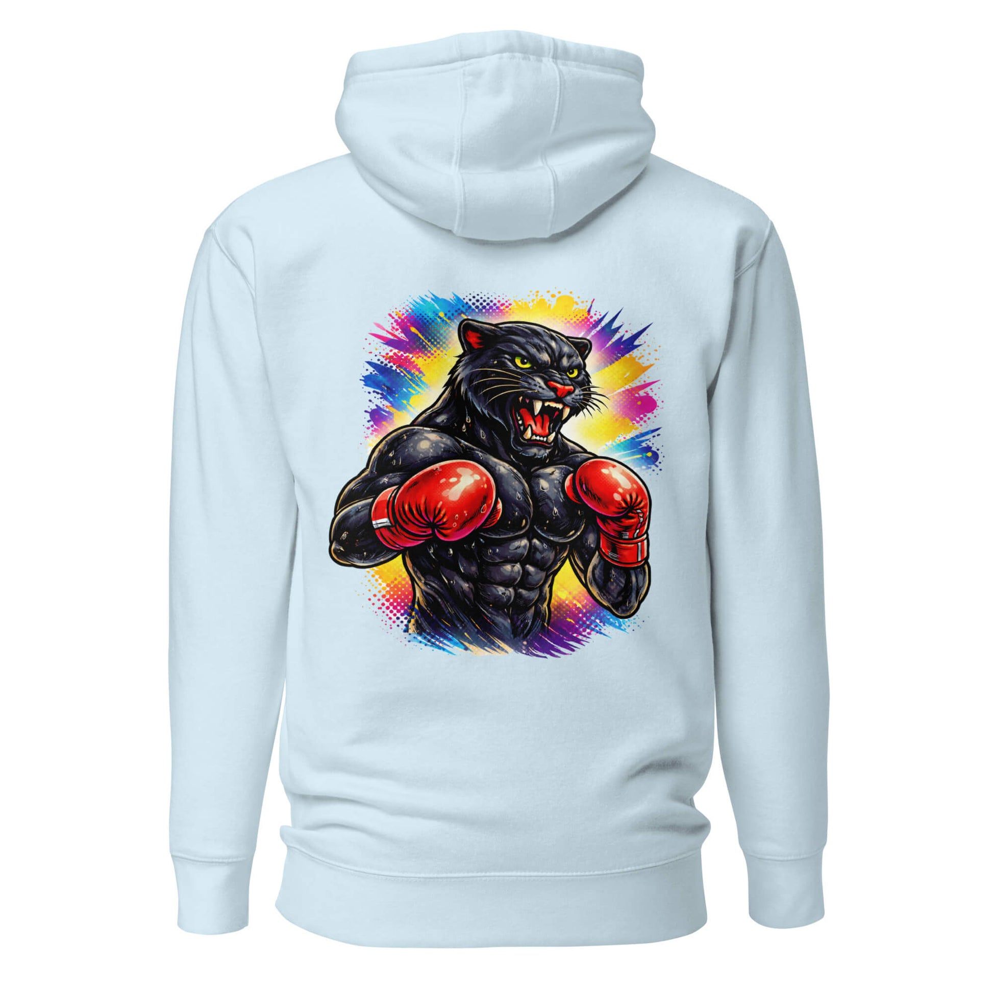 Hoodie BLACK PANTHER bleu ciel visuel coloré dos et logo noir face Mindset Ambition