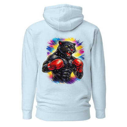 Hoodie BLACK PANTHER bleu ciel visuel coloré dos et logo noir face Mindset Ambition