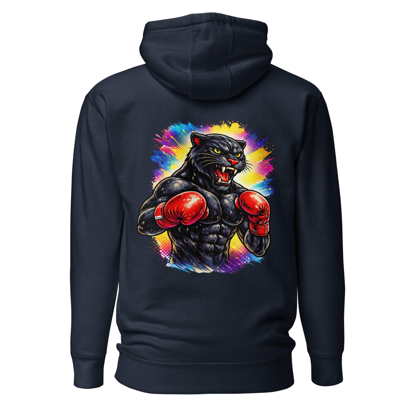 Hoodie BLACK PANTHER bleu marine visuel coloré dos et logo blanc face Mindset Ambition