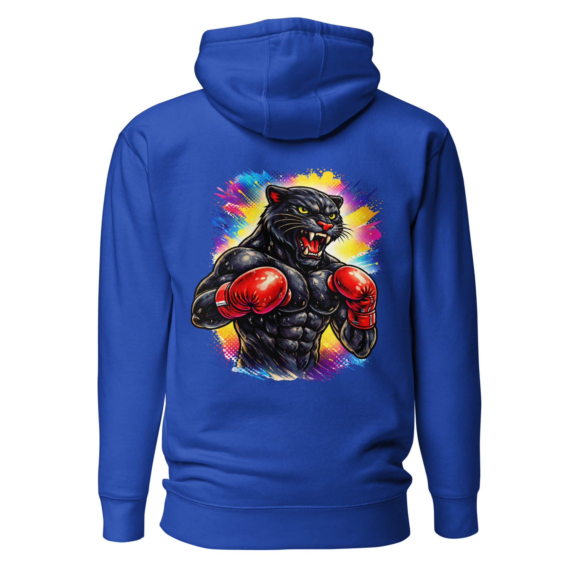Hoodie BLACK PANTHER bleu roi visuel coloré dos et logo blanc face Mindset Ambition