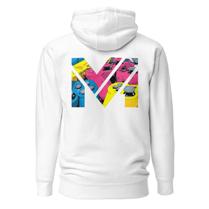 Hoodie CONTROL THE GAME blanc visuel coloré dos et logo noir face Mindset Ambition