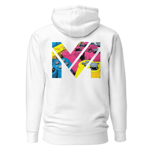 Hoodie CONTROL THE GAME blanc visuel coloré dos et logo noir face Mindset Ambition