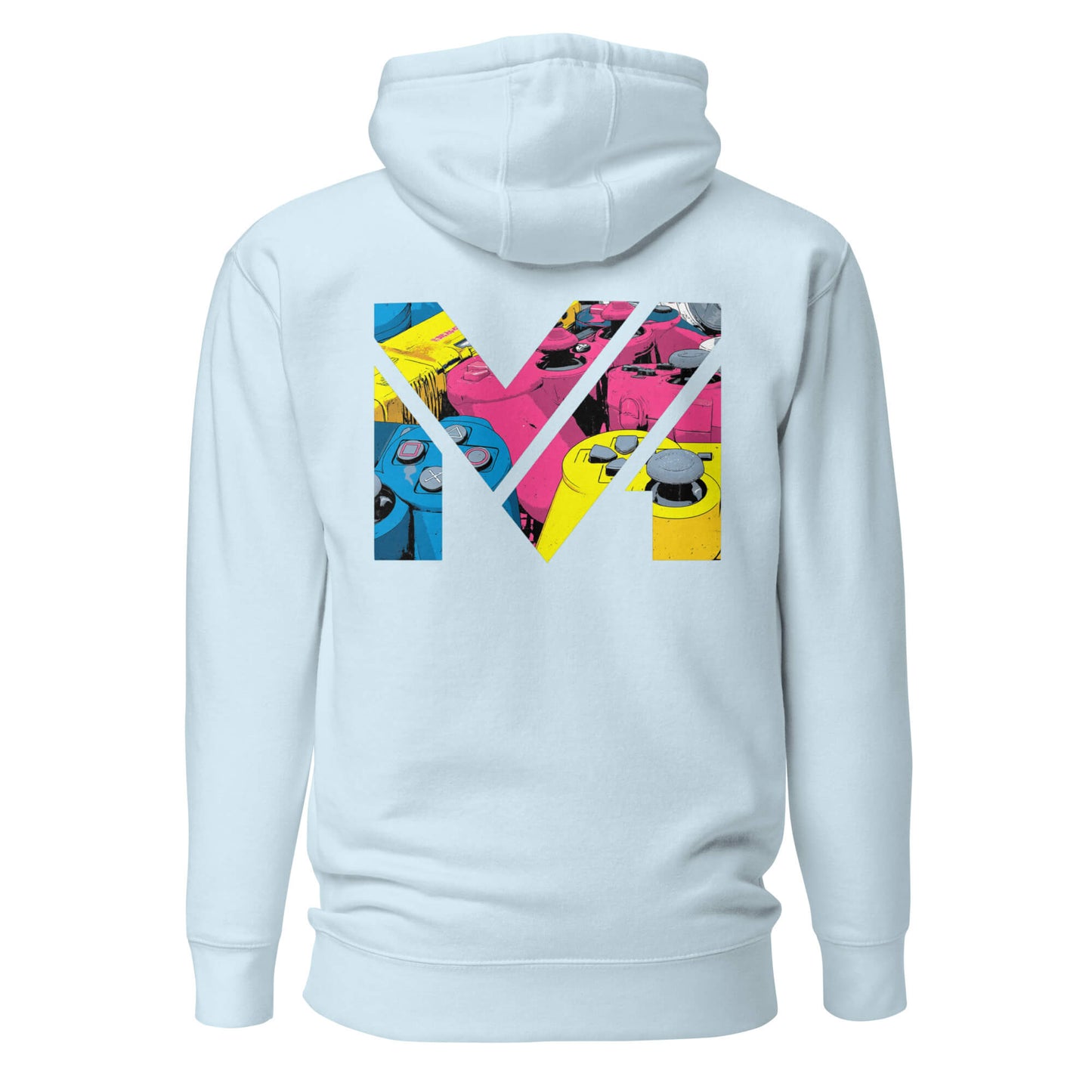 Hoodie CONTROL THE GAME bleu ciel visuel coloré dos et logo noir face Mindset Ambition