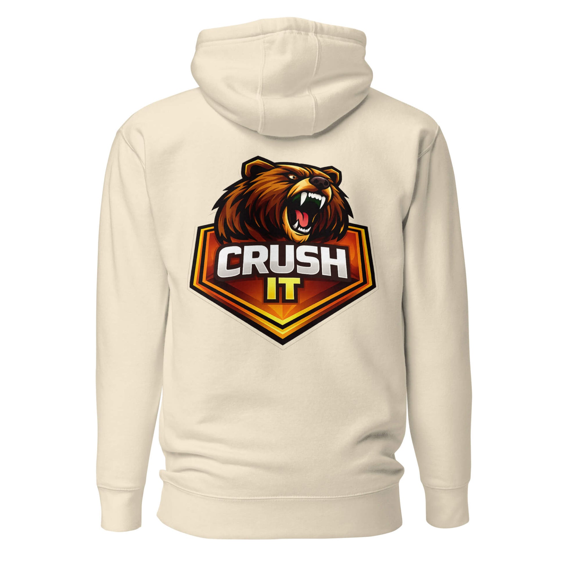 Hoodie CRUSH IT beige visuel coloré dos et logo noir face Mindset Ambition