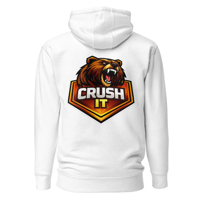 Hoodie CRUSH IT blanc visuel coloré dos et logo noir face Mindset Ambition
