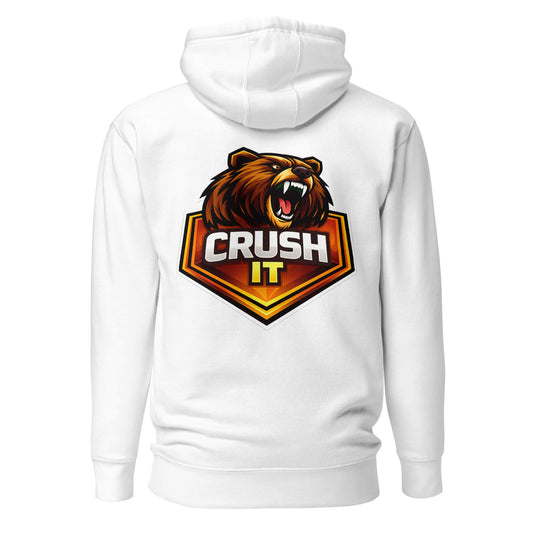 Hoodie CRUSH IT blanc visuel coloré dos et logo noir face Mindset Ambition