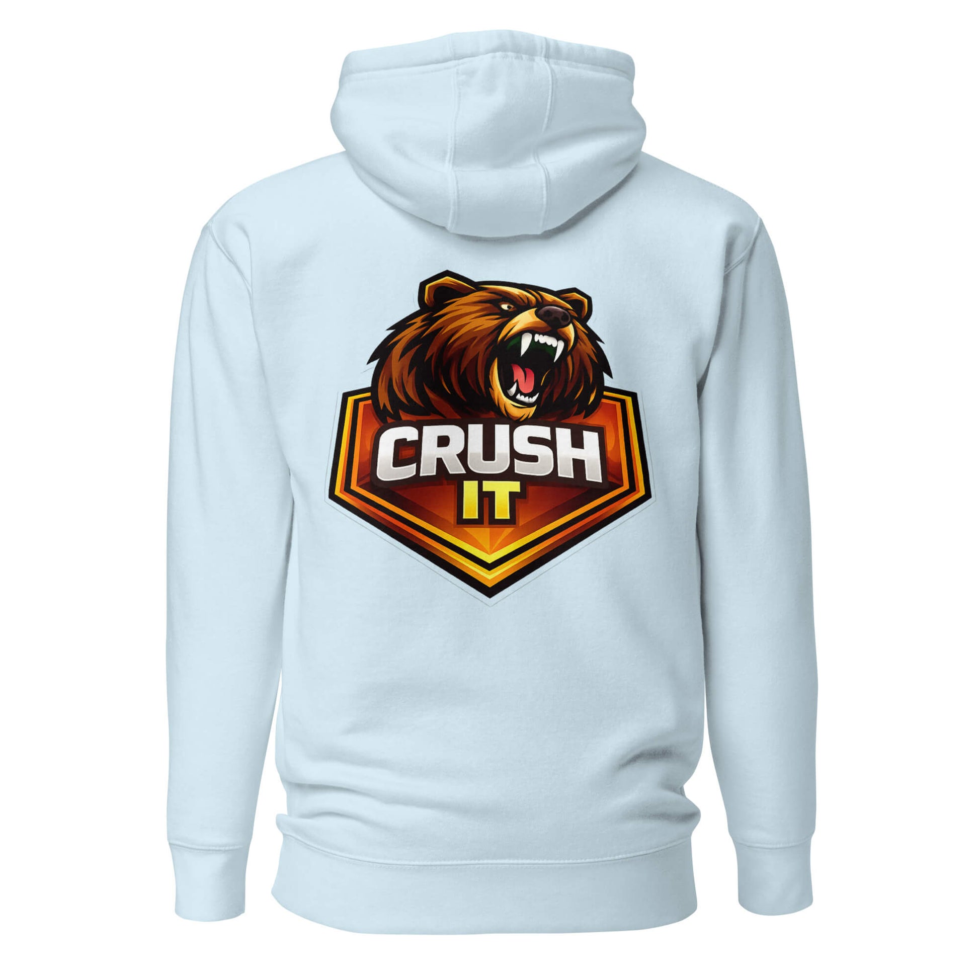 Hoodie CRUSH IT bleu ciel visuel coloré dos et logo noir face Mindset Ambition