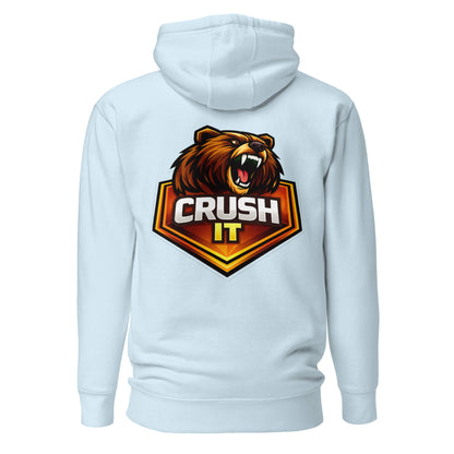 Hoodie CRUSH IT bleu ciel visuel coloré dos et logo noir face Mindset Ambition