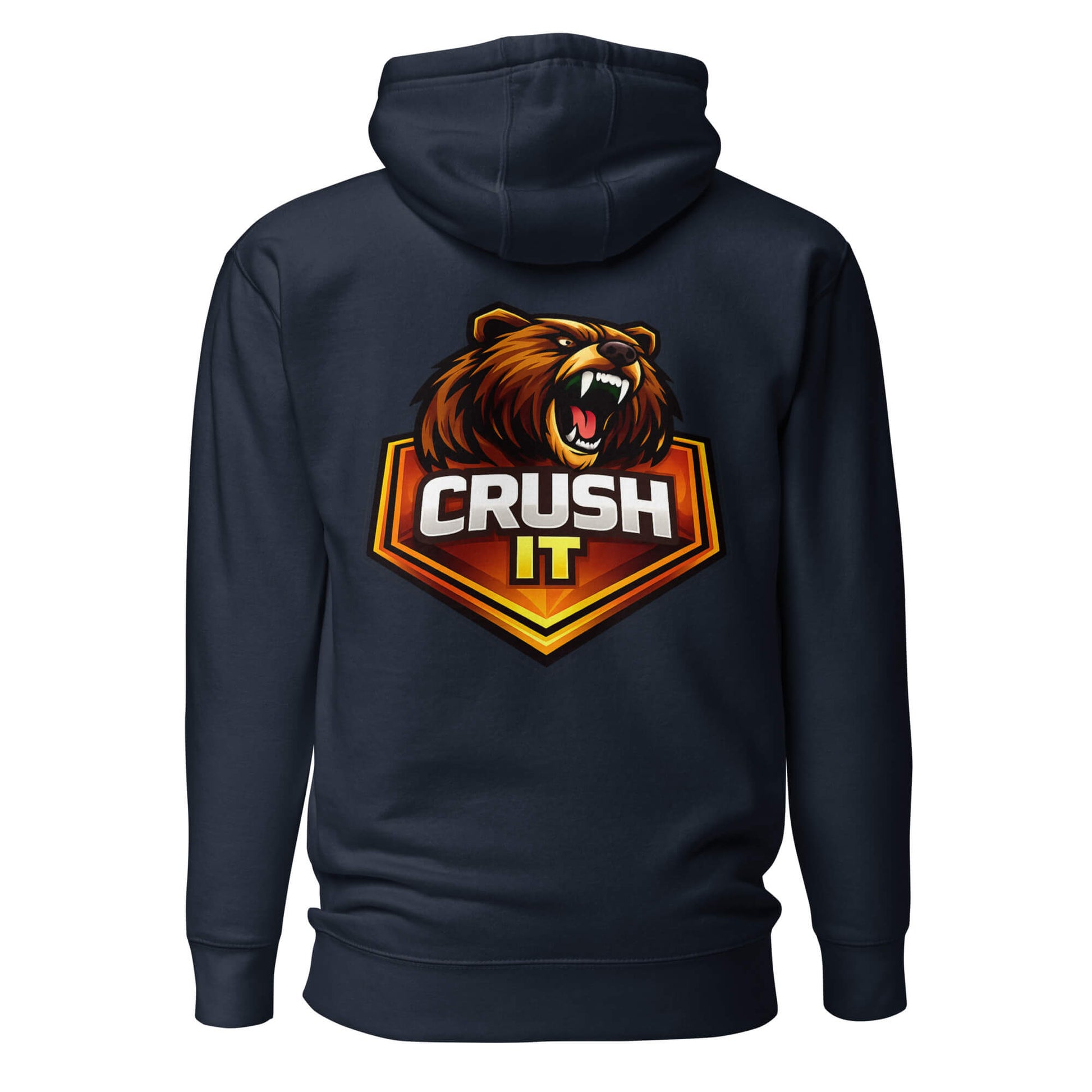 Hoodie CRUSH IT bleu marine visuel coloré dos et logo blanc face Mindset Ambition