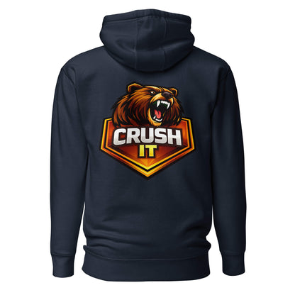 Hoodie CRUSH IT bleu marine visuel coloré dos et logo blanc face Mindset Ambition