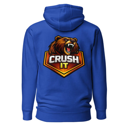Hoodie CRUSH IT bleu roi visuel coloré dos et logo blanc face Mindset Ambition