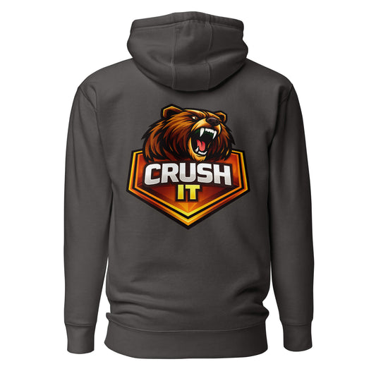 Hoodie CRUSH IT gris anthracite visuel coloré dos et logo blanc face Mindset Ambition
