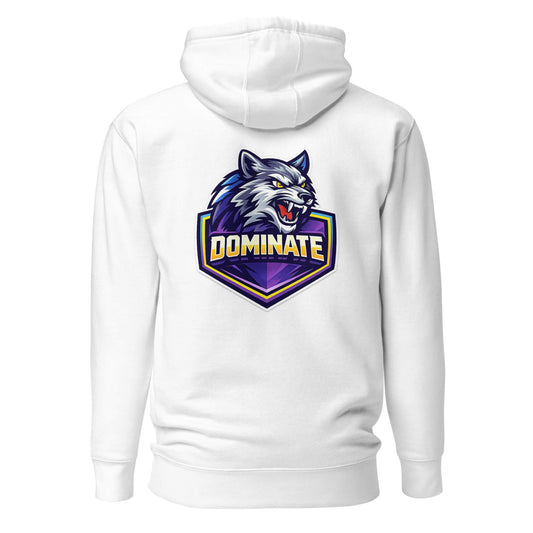 Hoodie DOMINATE blanc visuel coloré dos et logo noir face Mindset Ambition