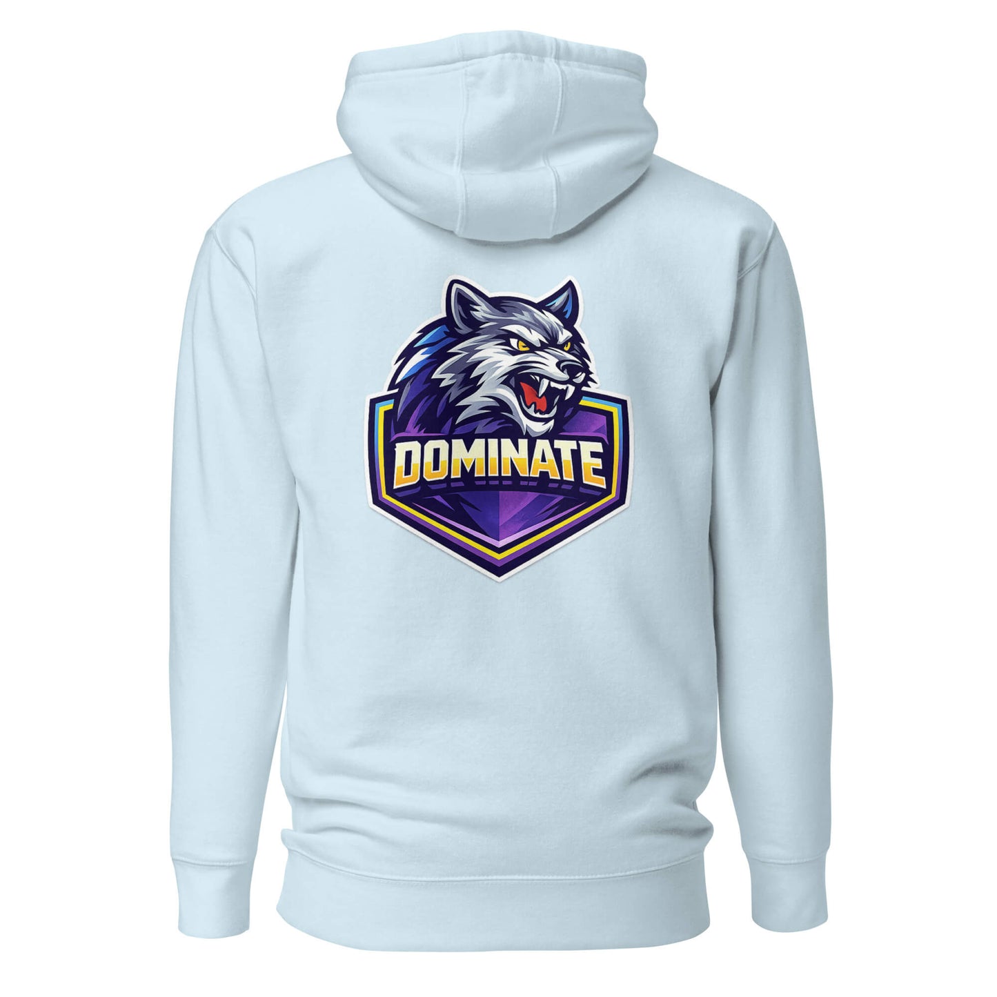 Hoodie DOMINATE bleu ciel visuel coloré dos et logo noir face Mindset Ambition