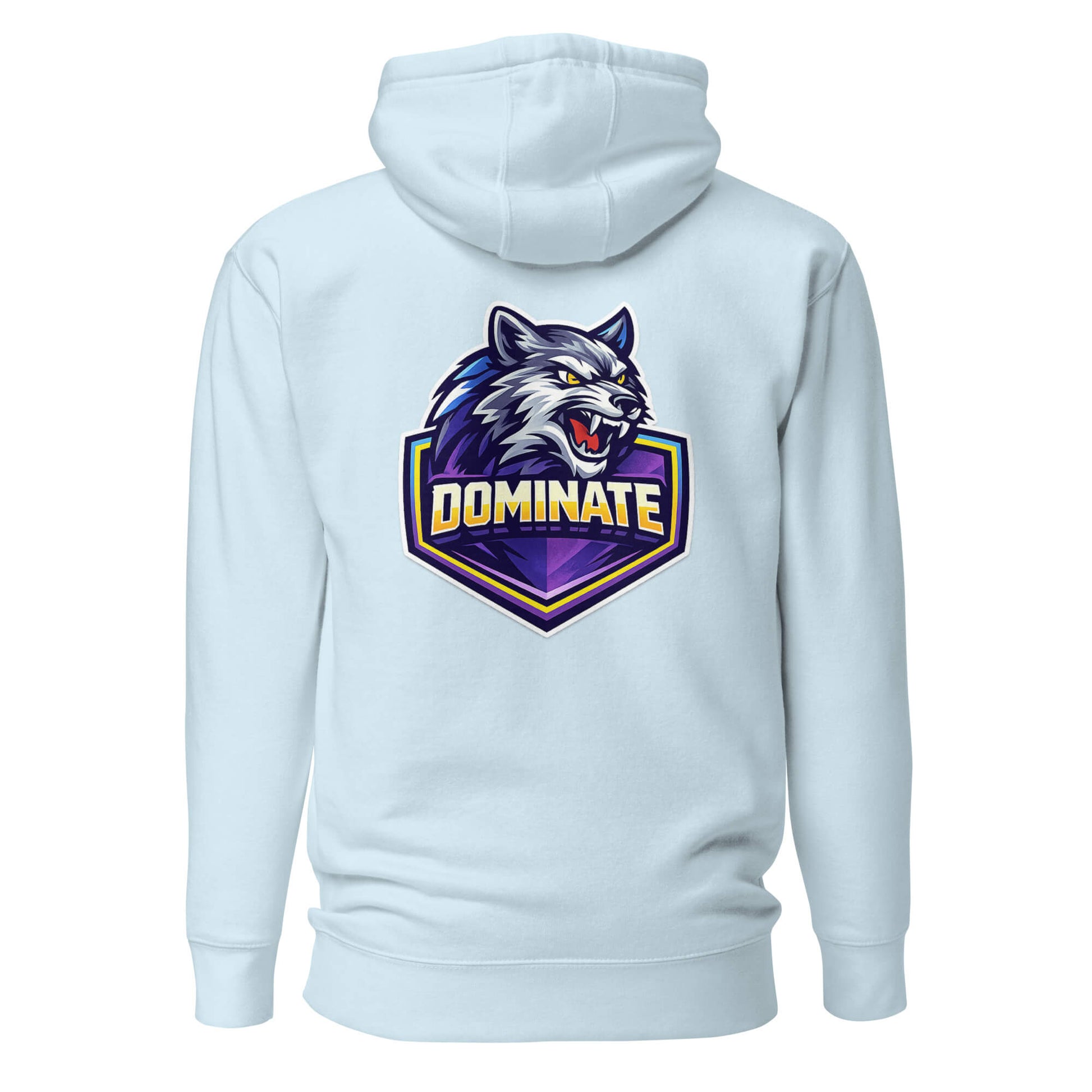 Hoodie DOMINATE bleu ciel visuel coloré dos et logo noir face Mindset Ambition