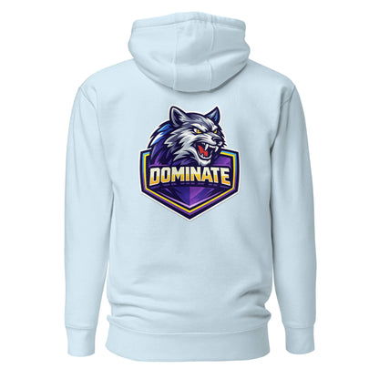 Hoodie DOMINATE bleu ciel visuel coloré dos et logo noir face Mindset Ambition