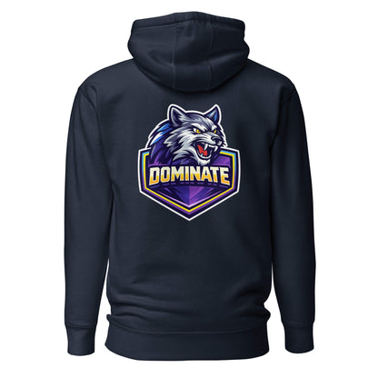 Hoodie DOMINATE bleu marine visuel coloré dos et logo blanc face Mindset Ambition
