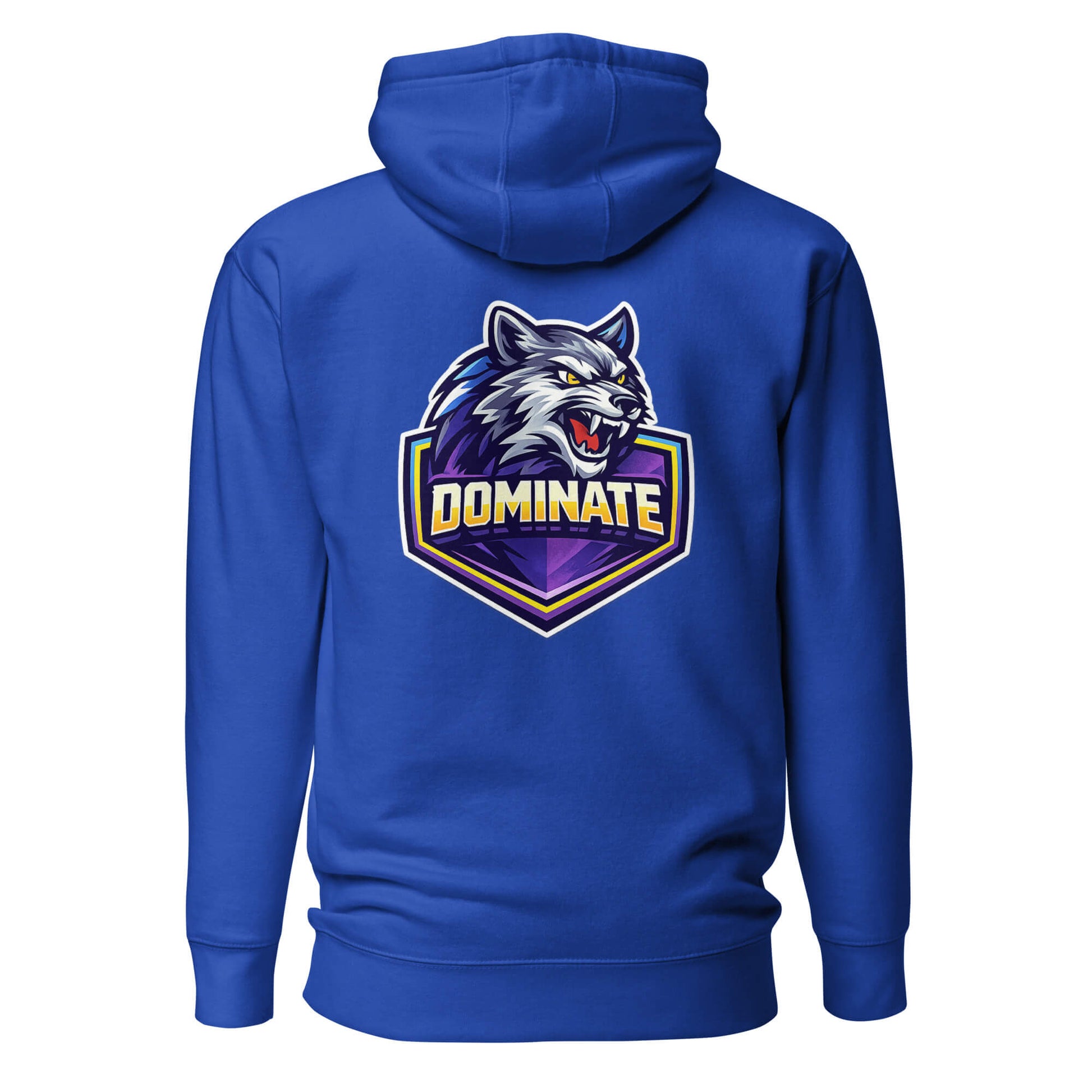 Hoodie DOMINATE bleu roi visuel coloré dos et logo blanc face Mindset Ambition
