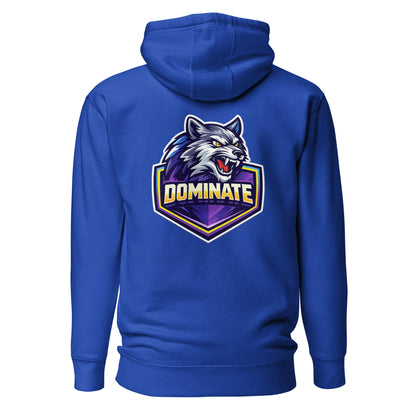 Hoodie DOMINATE bleu roi visuel coloré dos et logo blanc face Mindset Ambition