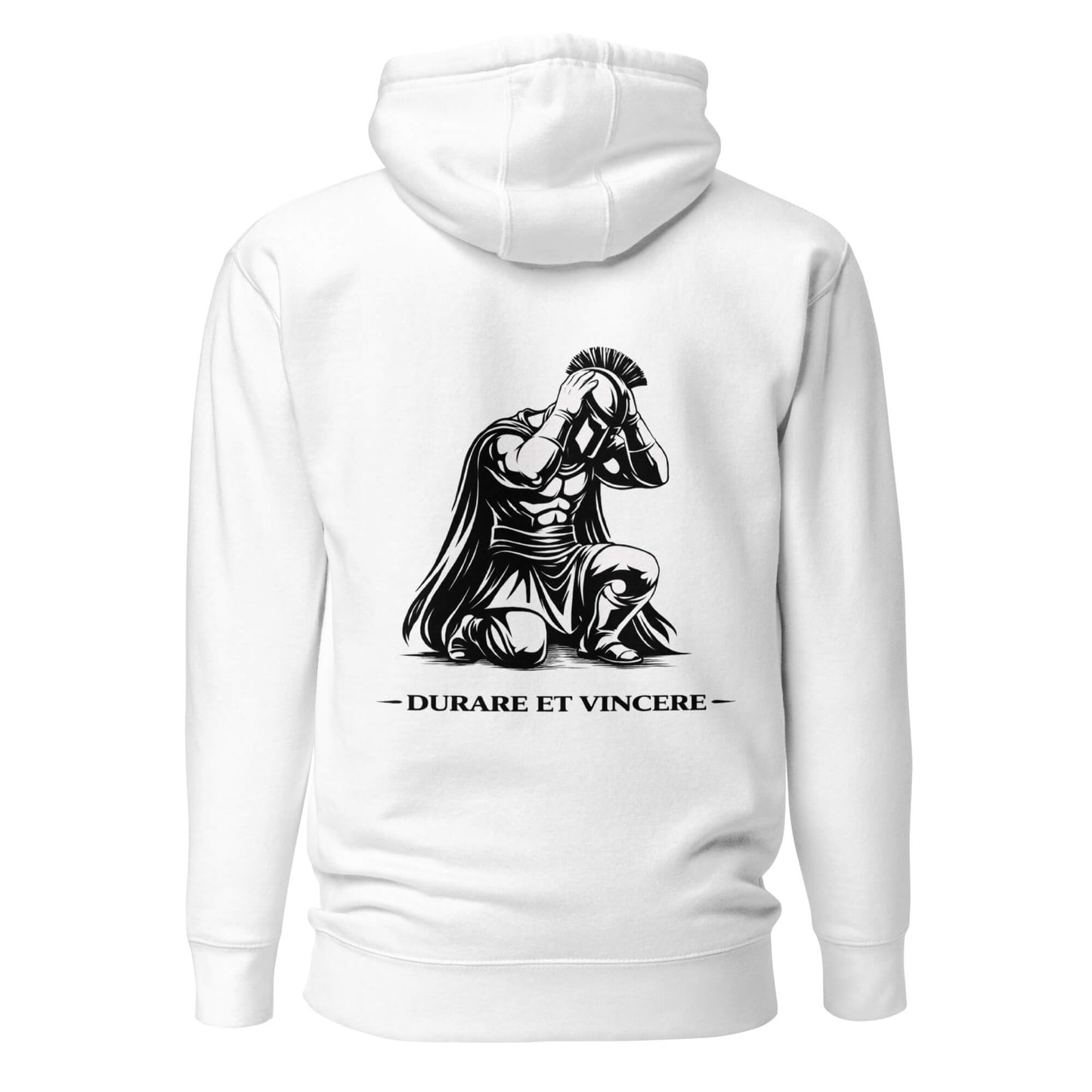 Hoodie Durare et Vincere blanc visuel noir dos et logo noir face Mindset Ambition