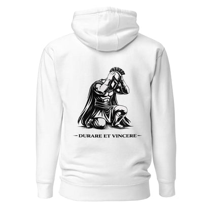 Hoodie Durare et Vincere blanc visuel noir dos et logo noir face Mindset Ambition