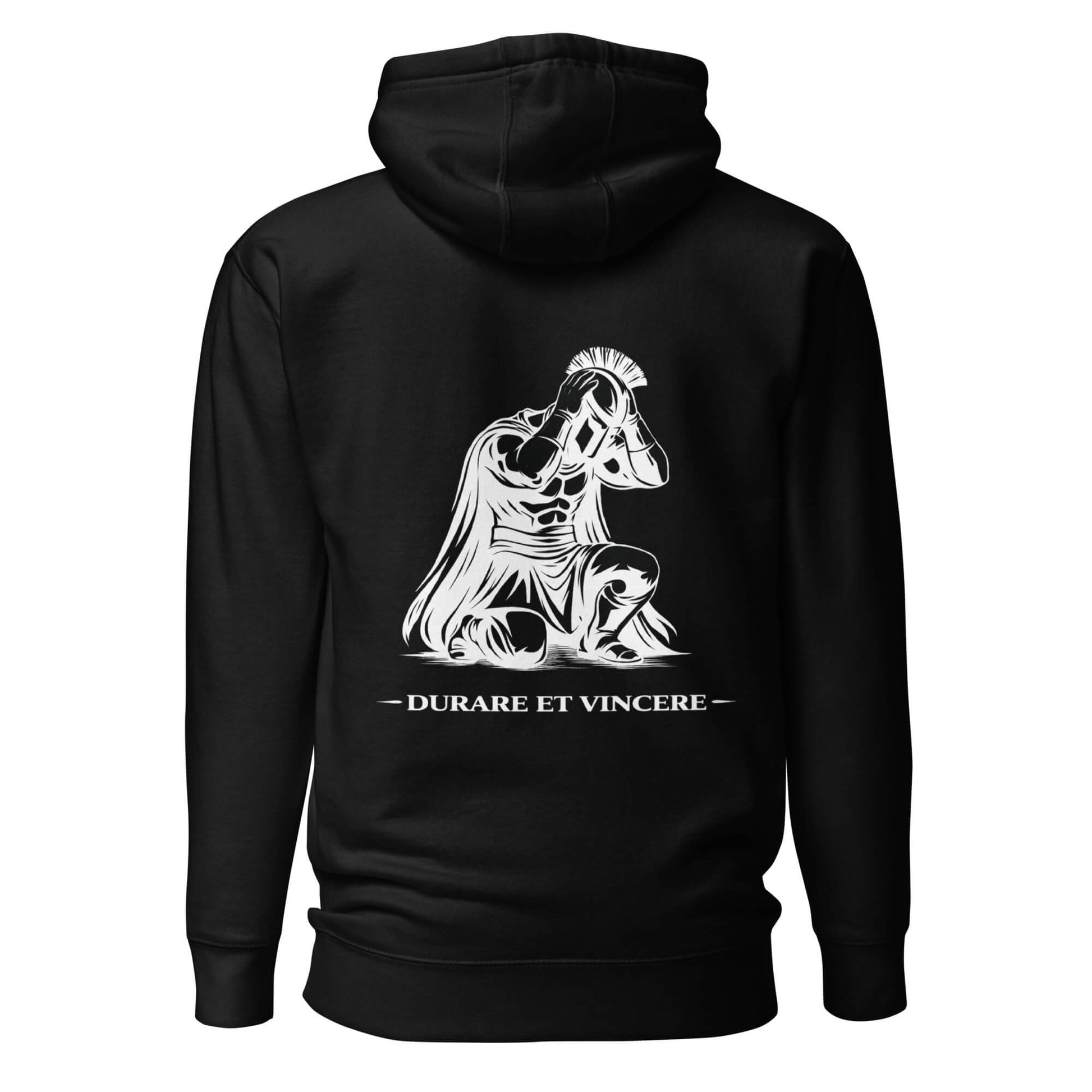 Hoodie Durare et Vincere noir visuel blanc dos et logo blanc face Mindset Ambition