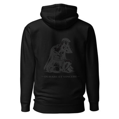 Hoodie Durare et Vincere noir visuel gris dos et logo gris face Mindset Ambition