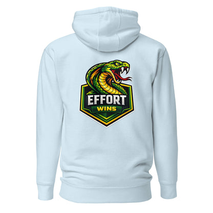 Hoodie EFFORT WINS bleu ciel visuel coloré dos et logo noir face Mindset Ambition
