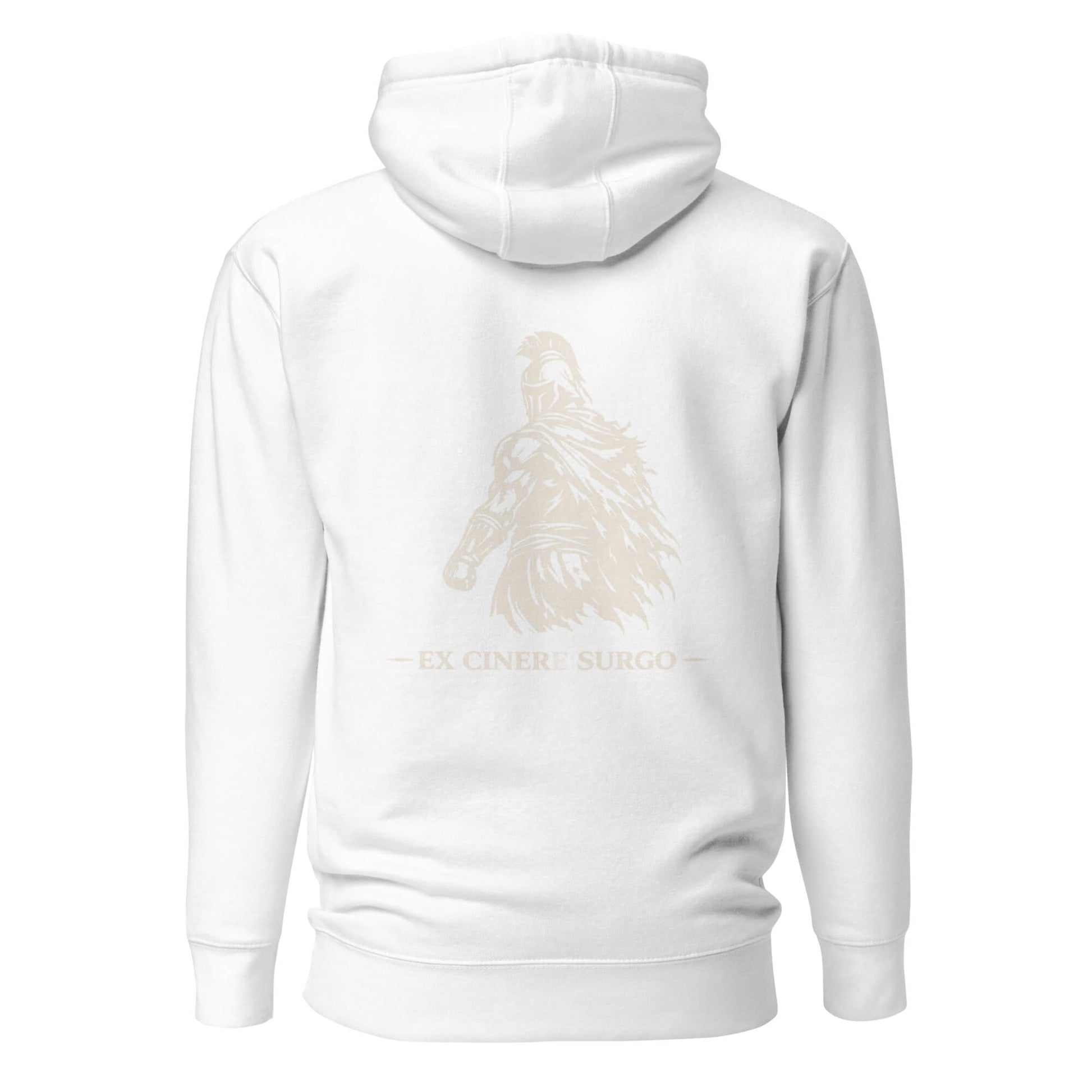 Hoodie Ex Cinere Surgo blanc visuel doré dos et logo doré face Mindset Ambition