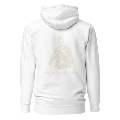Hoodie Ex Cinere Surgo blanc visuel doré dos et logo doré face Mindset Ambition