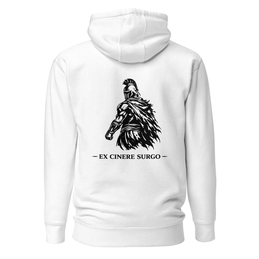 Hoodie Ex Cinere Surgo blanc visuel noir dos et logo noir face Mindset Ambition