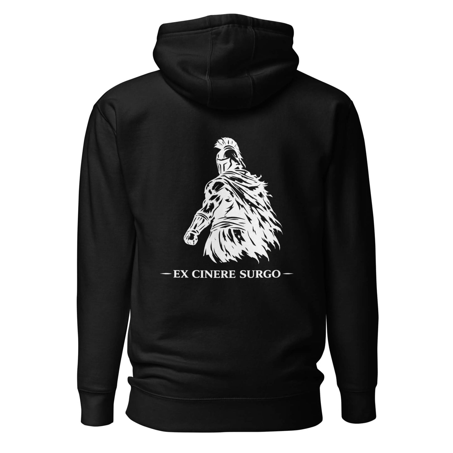 Hoodie Ex Cinere Surgo noir visuel blanc dos et logo blanc face Mindset Ambition