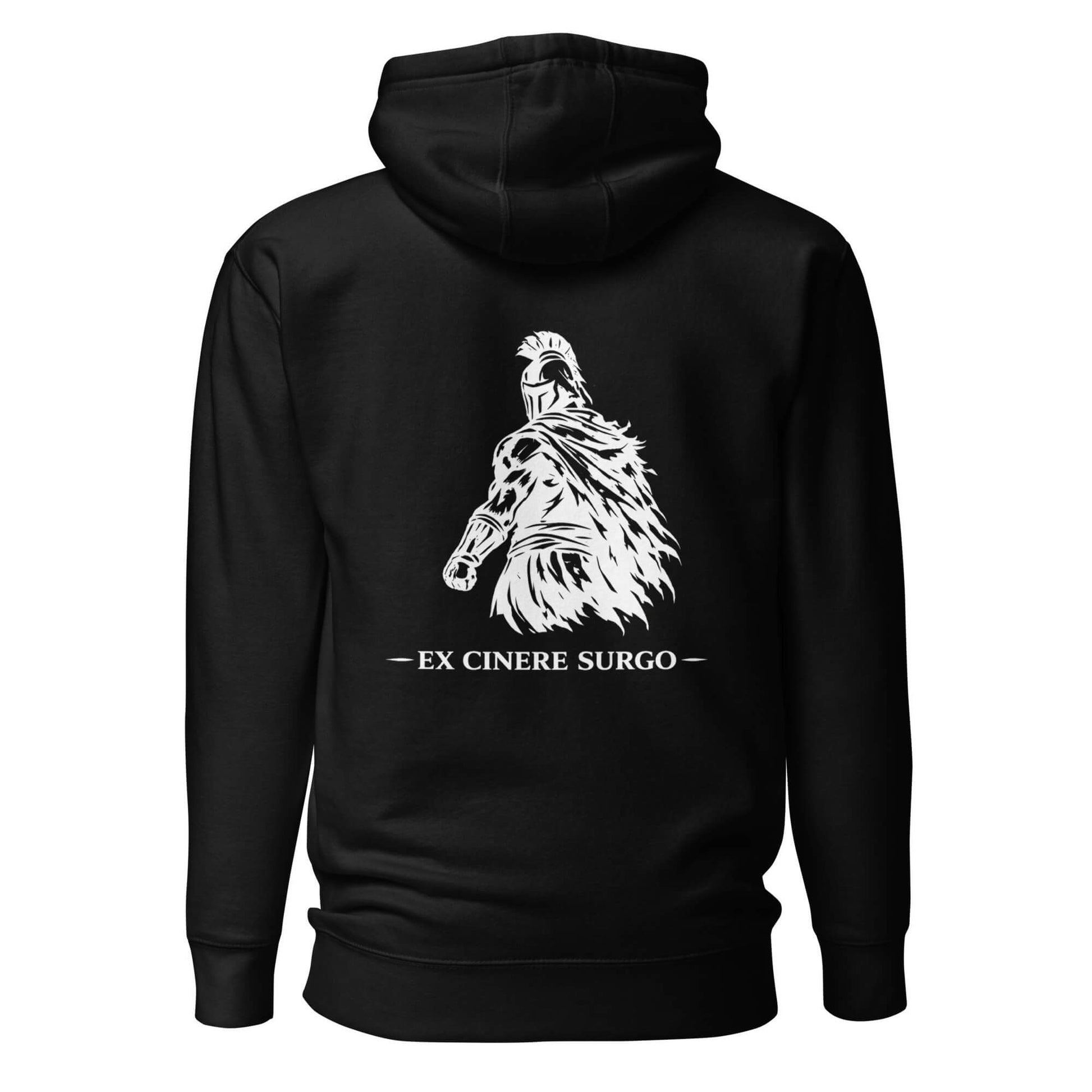 Hoodie Ex Cinere Surgo noir visuel blanc dos et logo blanc face Mindset Ambition