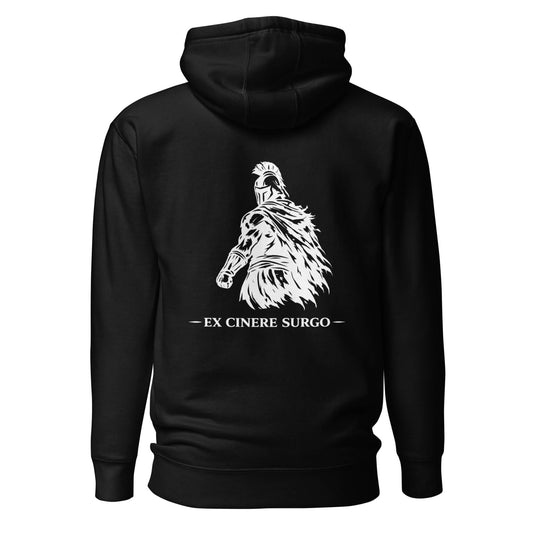 Hoodie Ex Cinere Surgo noir visuel blanc dos et logo blanc face Mindset Ambition