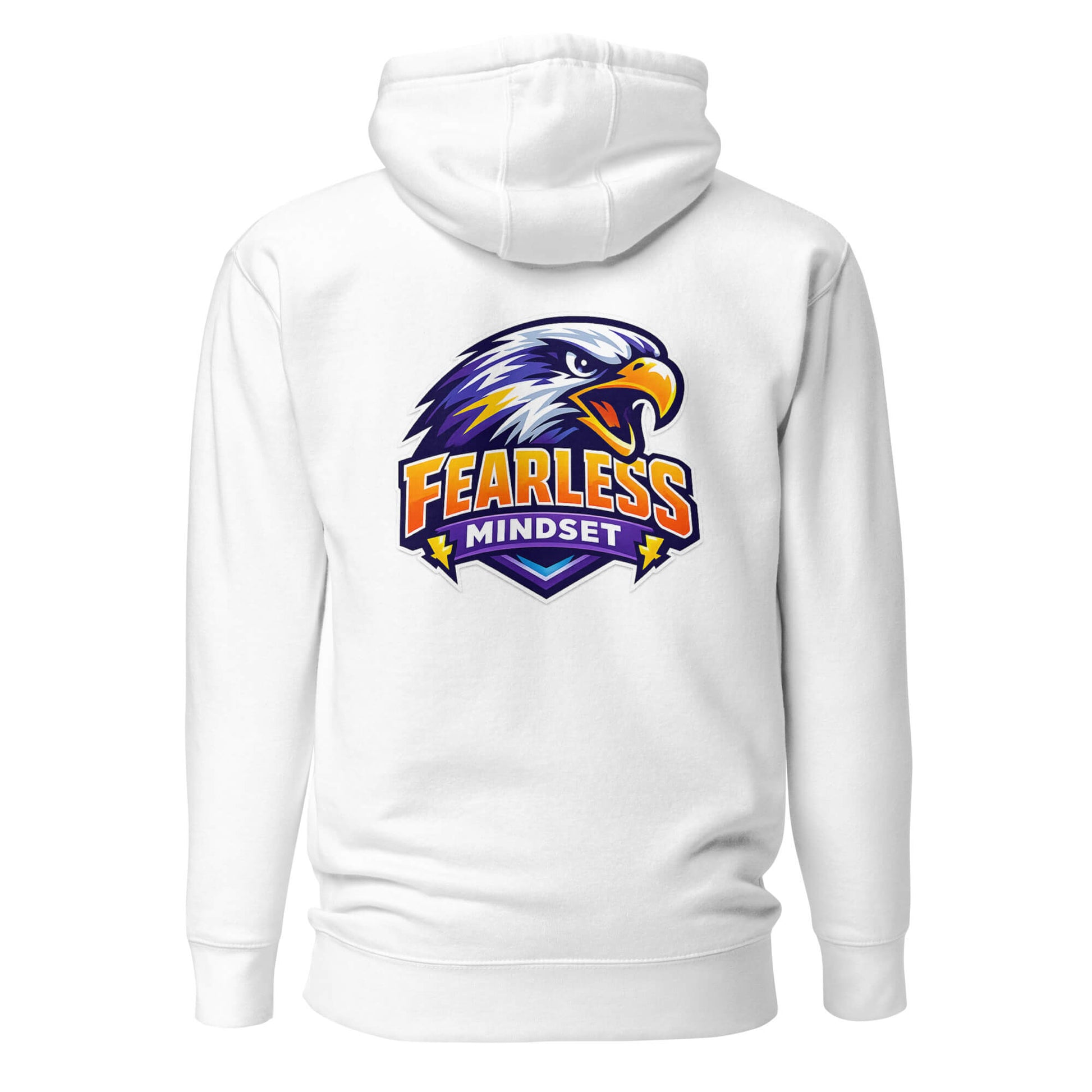 Hoodie FEARLESS MINDSET blanc visuel coloré dos et logo noir face Mindset Ambition