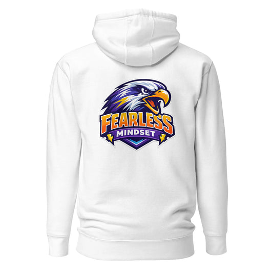 Hoodie FEARLESS MINDSET blanc visuel coloré dos et logo noir face Mindset Ambition