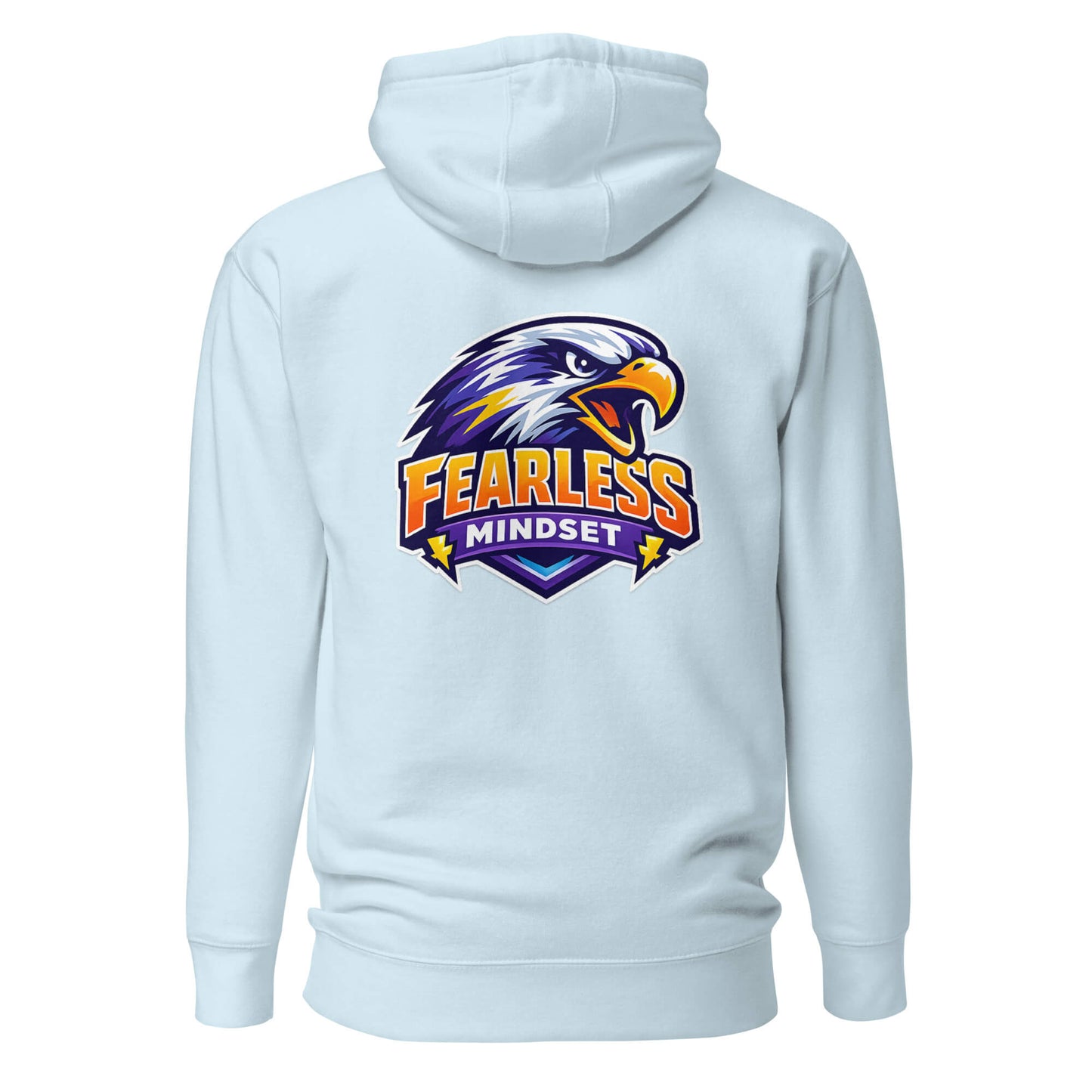 Hoodie FEARLESS MINDSET bleu ciel visuel coloré dos et logo noir face Mindset Ambition