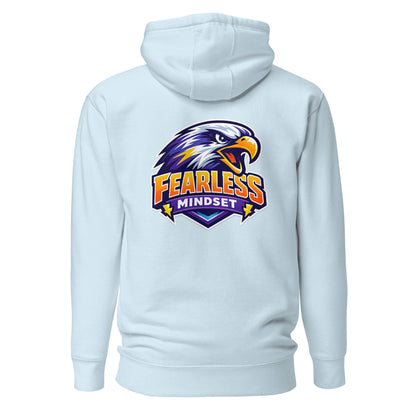 Hoodie FEARLESS MINDSET bleu ciel visuel coloré dos et logo noir face Mindset Ambition