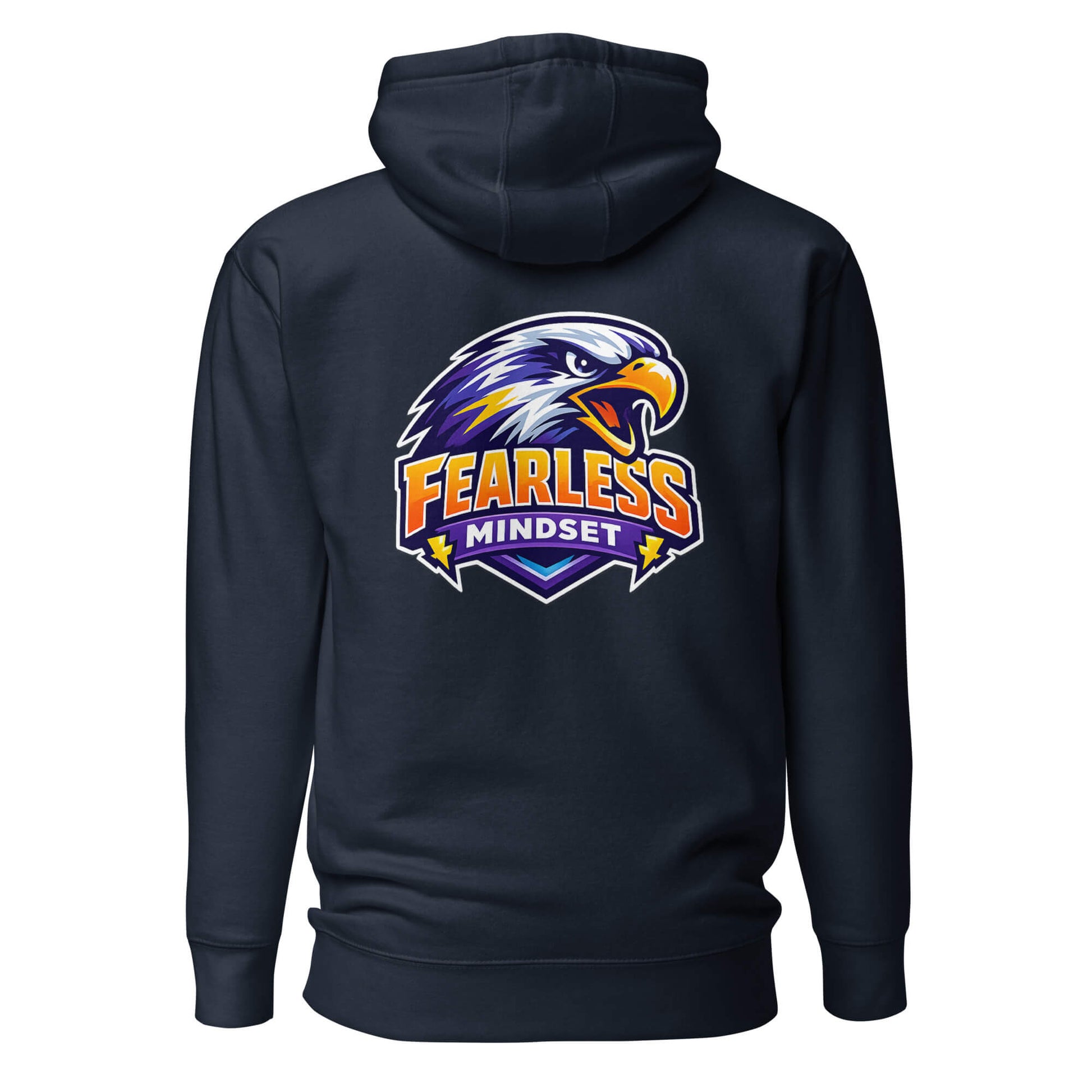 Hoodie FEARLESS MINDSET bleu marine visuel coloré dos et logo blanc face Mindset Ambition