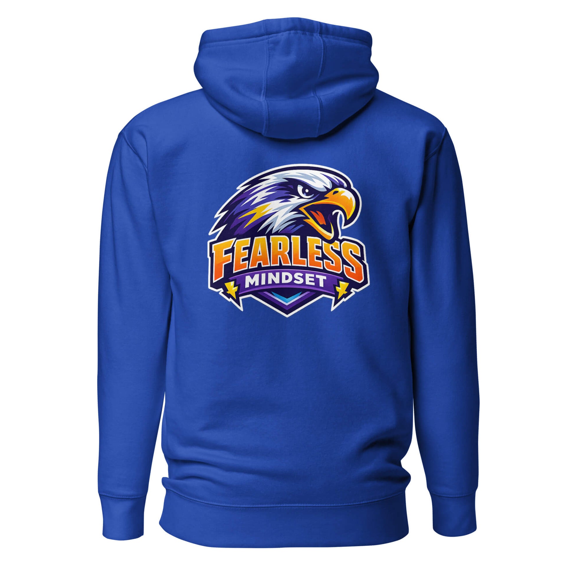 Hoodie FEARLESS MINDSET bleu roi visuel coloré dos et logo blanc face Mindset Ambition