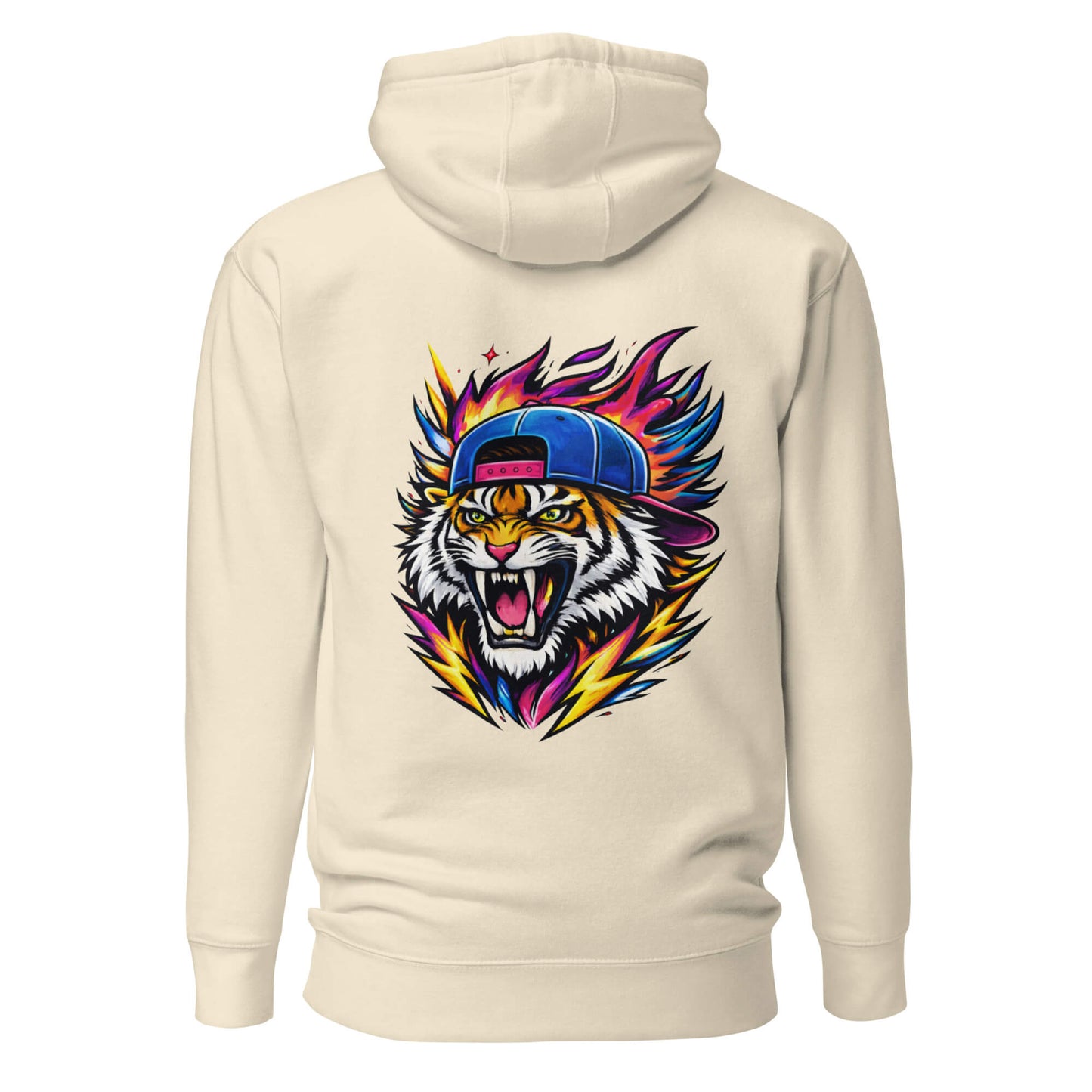 Hoodie FIRE TIGER beige visuel coloré dos et logo noir face Mindset Ambition