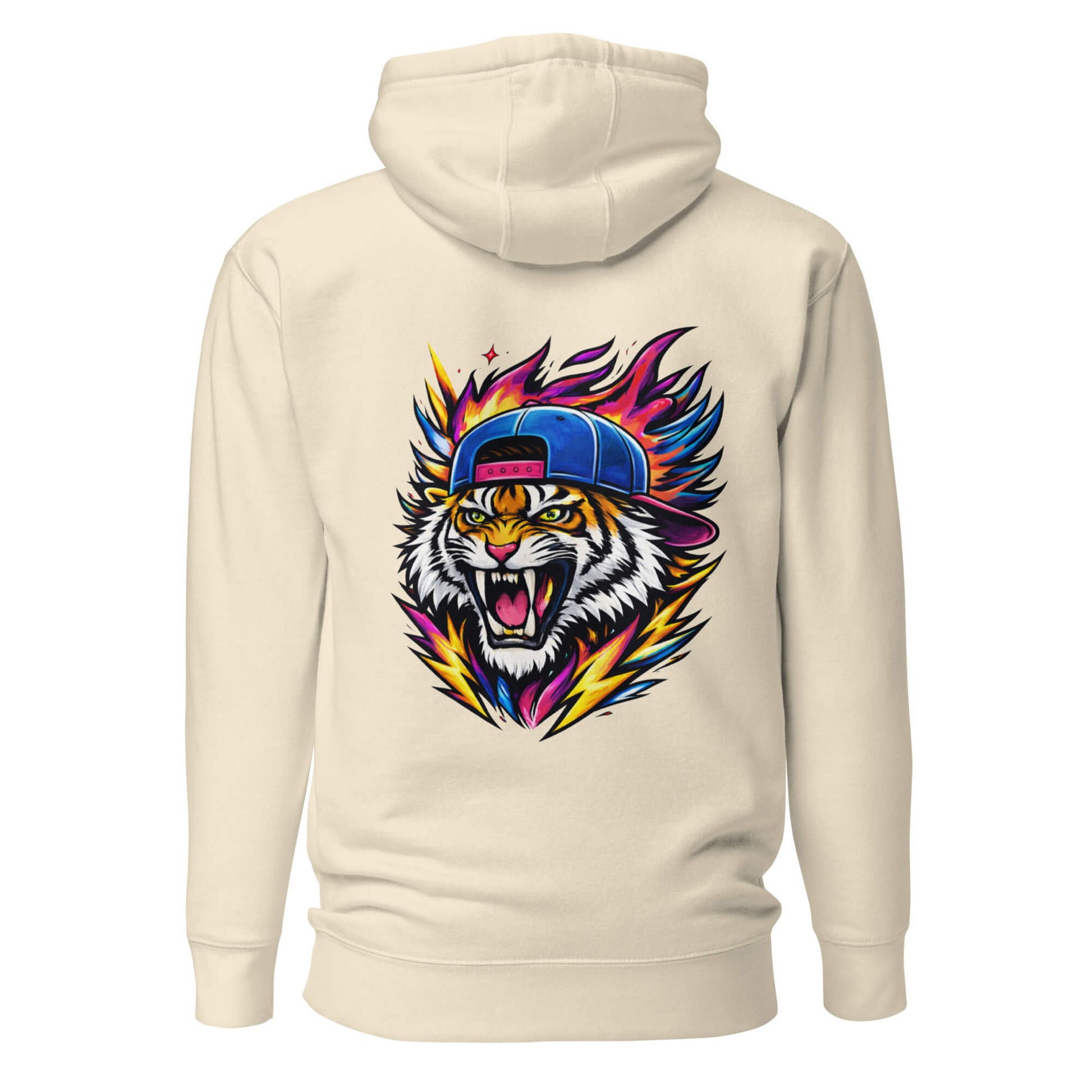 Hoodie FIRE TIGER beige visuel coloré dos et logo noir face Mindset Ambition