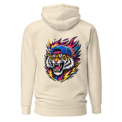 Hoodie FIRE TIGER beige visuel coloré dos et logo noir face Mindset Ambition