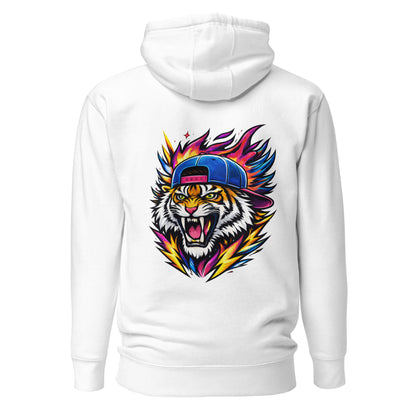 Hoodie FIRE TIGER blanc visuel coloré dos et logo noir face Mindset Ambition