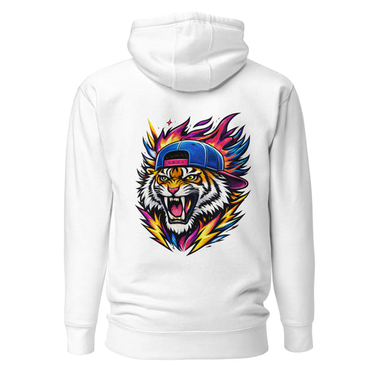 Hoodie FIRE TIGER blanc visuel coloré dos et logo noir face Mindset Ambition