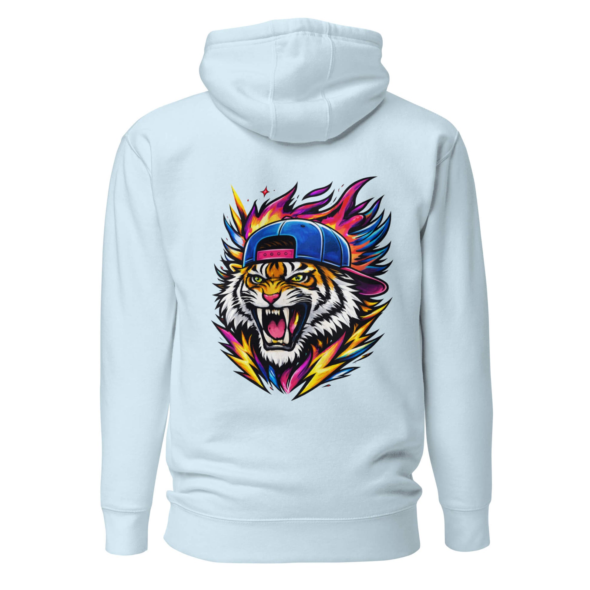 Hoodie FIRE TIGER bleu ciel visuel coloré dos et logo noir face Mindset Ambition