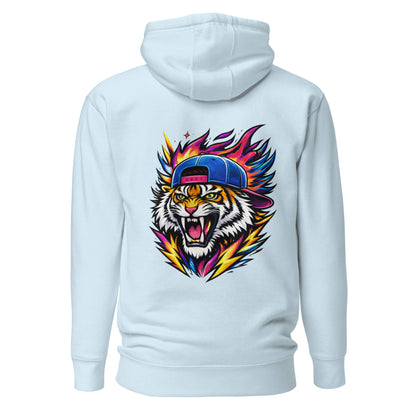 Hoodie FIRE TIGER bleu ciel visuel coloré dos et logo noir face Mindset Ambition