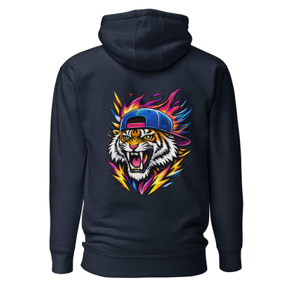 Hoodie FIRE TIGER bleu marine visuel coloré dos et logo blanc face Mindset Ambition
